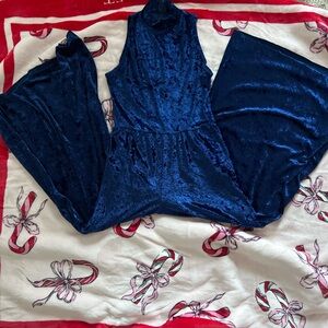 Vintage navy blue velvet mock neck sleeveless jumpsuit S-M